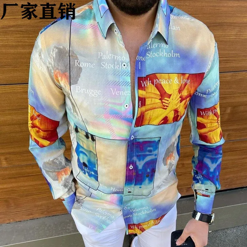 

New lapel 3D printed casual slim long sleeve shirt multicolor.