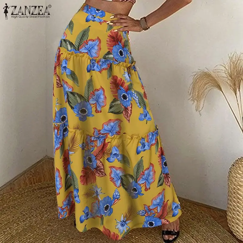 

Летние праздничные Макси-юбки с высокой талией, женские богемные пляжные юбки с цветочным принтом, повседневные юбки Faldas Saia оверсайз Jupe