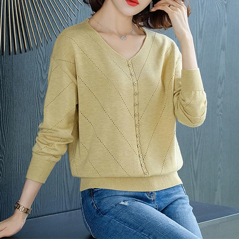 

Пуловер JCHB женский с V-образным вырезом, однотонный вязаный Топ с длинным рукавом, на пуговицах, в стиле пэчворк, повседневный вязаный свитер...