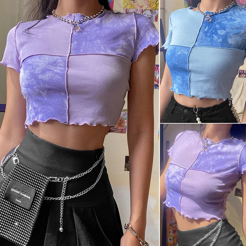 

Goth Dark Girl Tops Tie Dye with Sequin Patchwork Women Summer T-Shirts Ruffle Hem Clothes