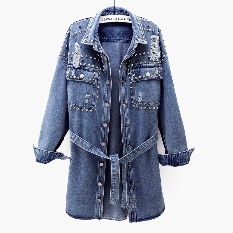

2021 Spring Autumn Korean Casual Long Coat Women Rivet Hole Denim Jacket Loose Plus Size Windbreaker Ladies Tops Tide 3XL