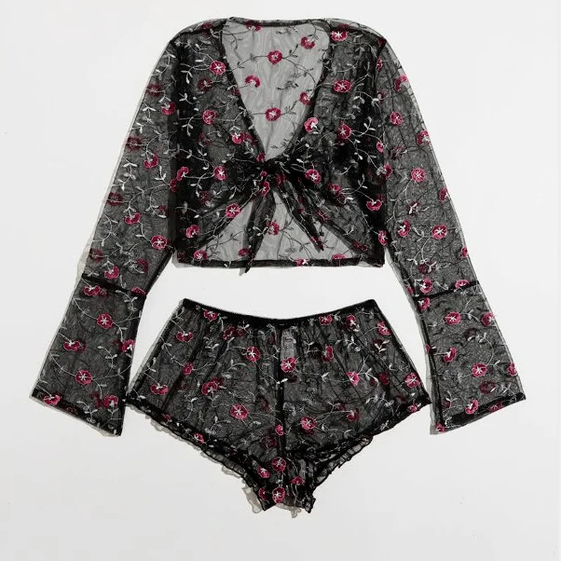 

Sexy Lingerie Sexy underwear sexy fashion transparent flower embroidery mesh stitching long-sleeved sexy suit women Sexy pajamas