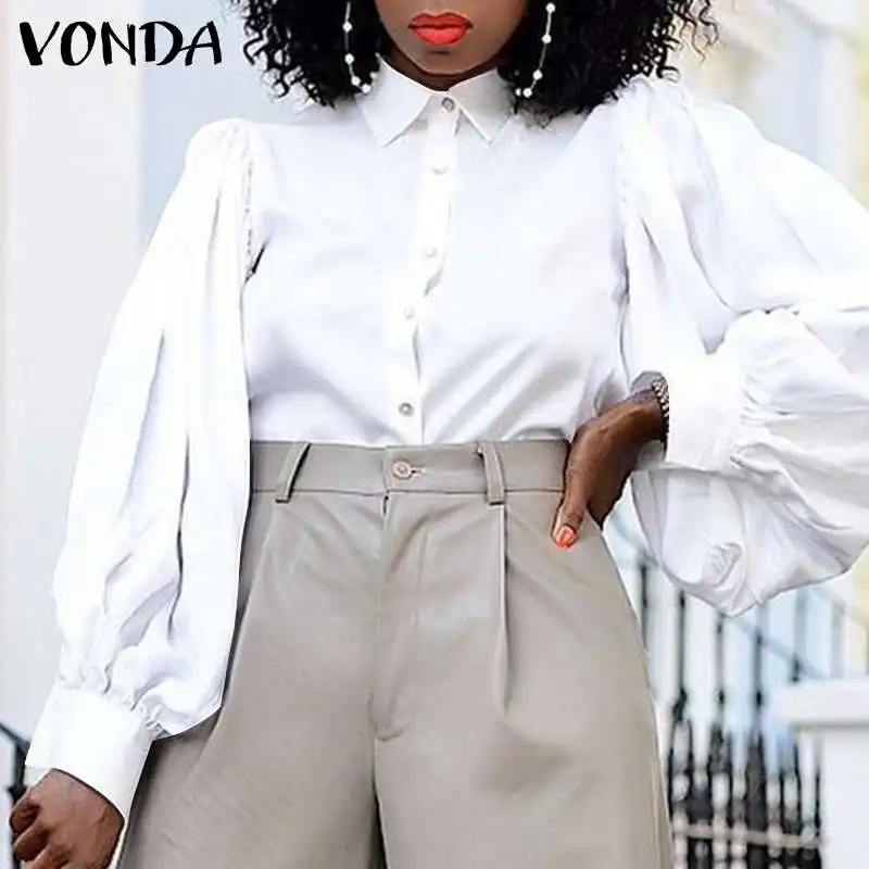 

Повседневные однотонные Топы с длинным рукавом VONDA 2021, весенние Блузы с отложным воротником и пуговицами, богемные женские блузы S-