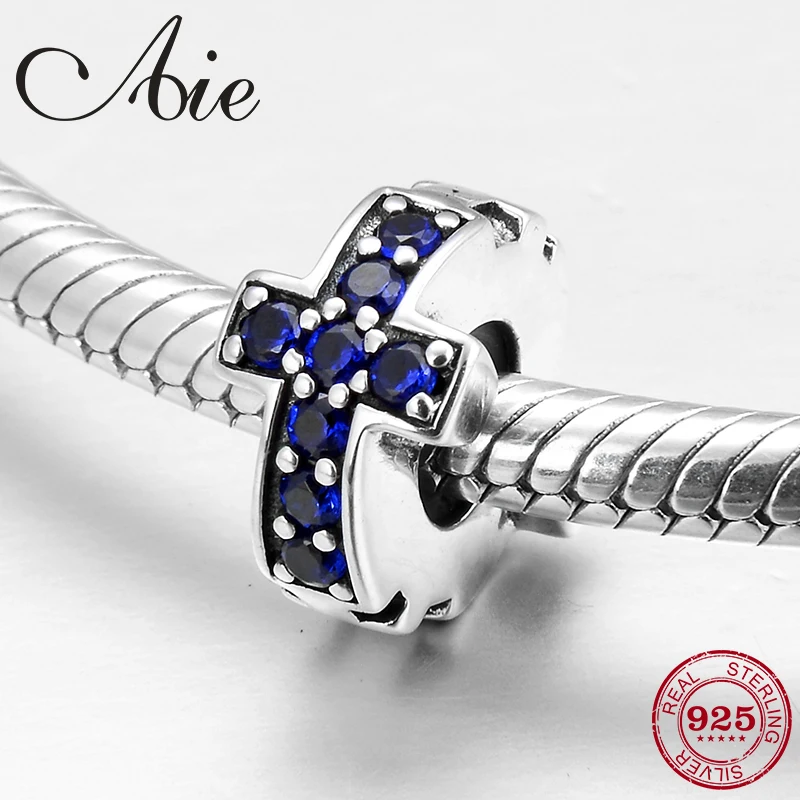 Новинка круглые бусины с серебряным крестом и синим кубическим цирконием для