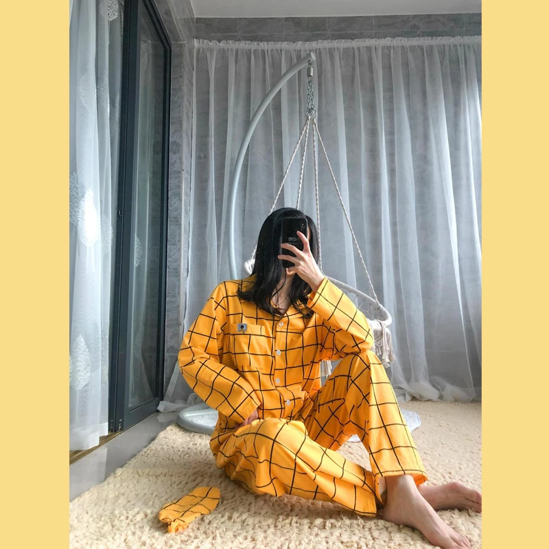 2019 зимняя Хлопковая женская пижама с маской для глаз длинные рукава брюки 2