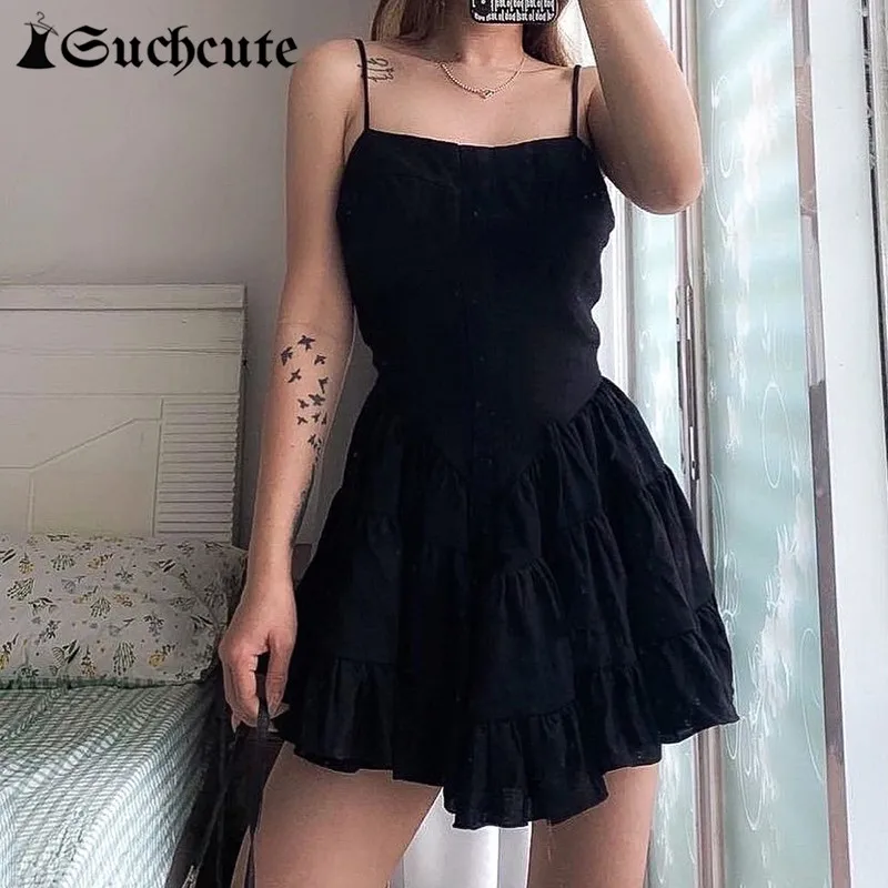

SUCHCUTE Gothic Summer A-Line Dress Sexy Spaghetti Strap Dresses For Women 2021 Black Party Mini Dresses Vintage Slim Outfits