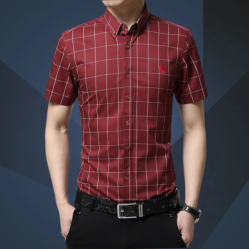 2021 Reserved Aramy Camisas Shirts Cotton Smart Casual Short sleeve Plaid social shirt Slim Fit Male Social Business Shirt