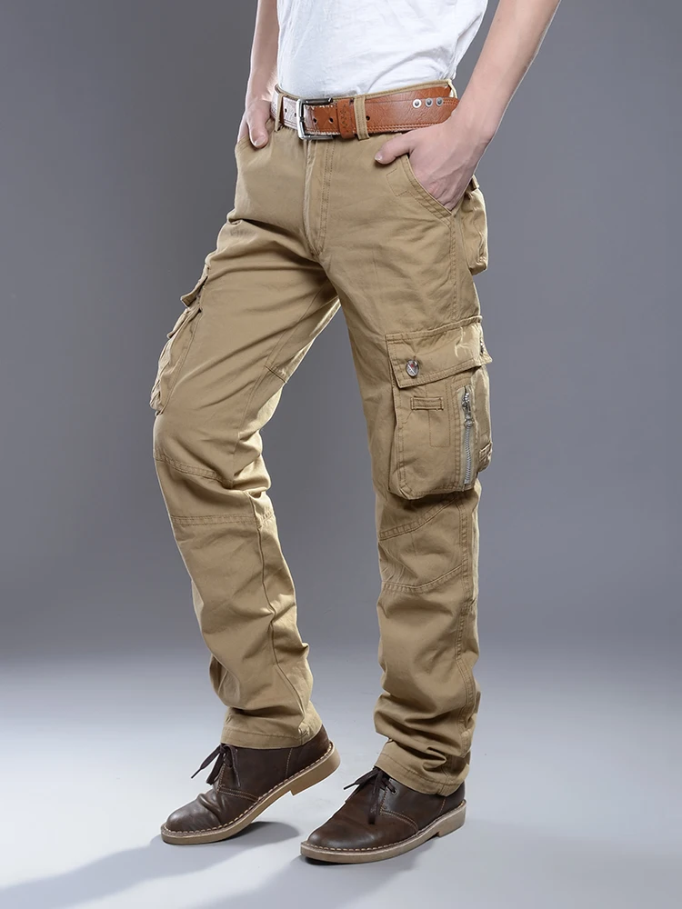 

Cargo Pants Men Straight 100% Cotton Baggy Zippers Designer Multi-Pockets Overalls Men's Casual Pants Long Trousers Outdoors