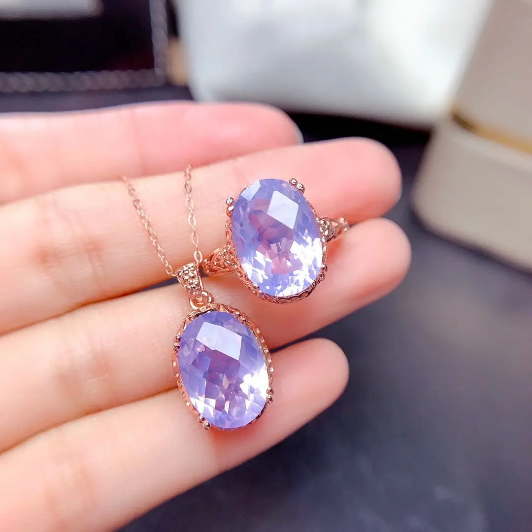 

Natural Lavender Quartz Necklace Ring Set Rose Gold 925 Sterling Silver Oval 10x14mm Gemstone For Women Engagement Jewlery Gift