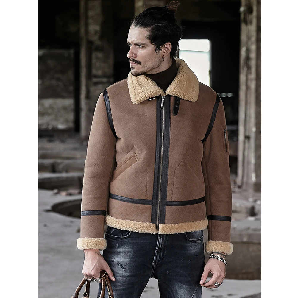 Новинка 2019 мужская куртка B3 из овчины Короткая кожаная меховое пальто плотное