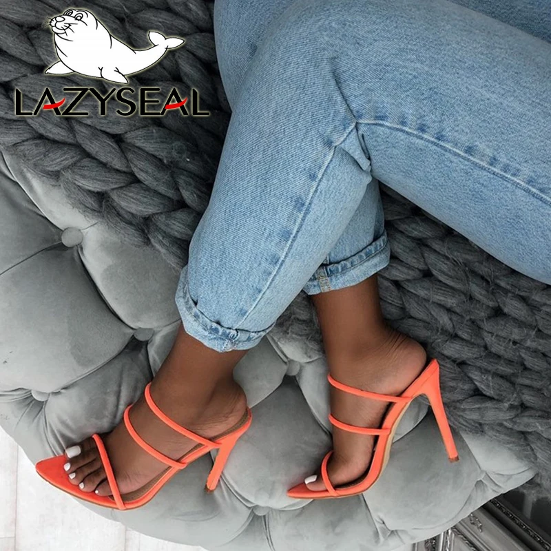 

LazySeal High Thin Heels Summer Cool Slippers Women Shoes Female Peep Toe Pointed Toe Sandals Rome Heel Ladies Slides