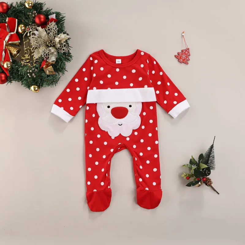

Christmas Baby Girls Boys Romper, Autumn Infant Creative Dot Santa Claus Pattern Long Sleeve Round Collar Footed Jumpsuit