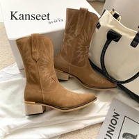 kanseet 2021 autumn winter new womens boots brown pointed toe genuine leather mid heels boots fashion mid calf western boots