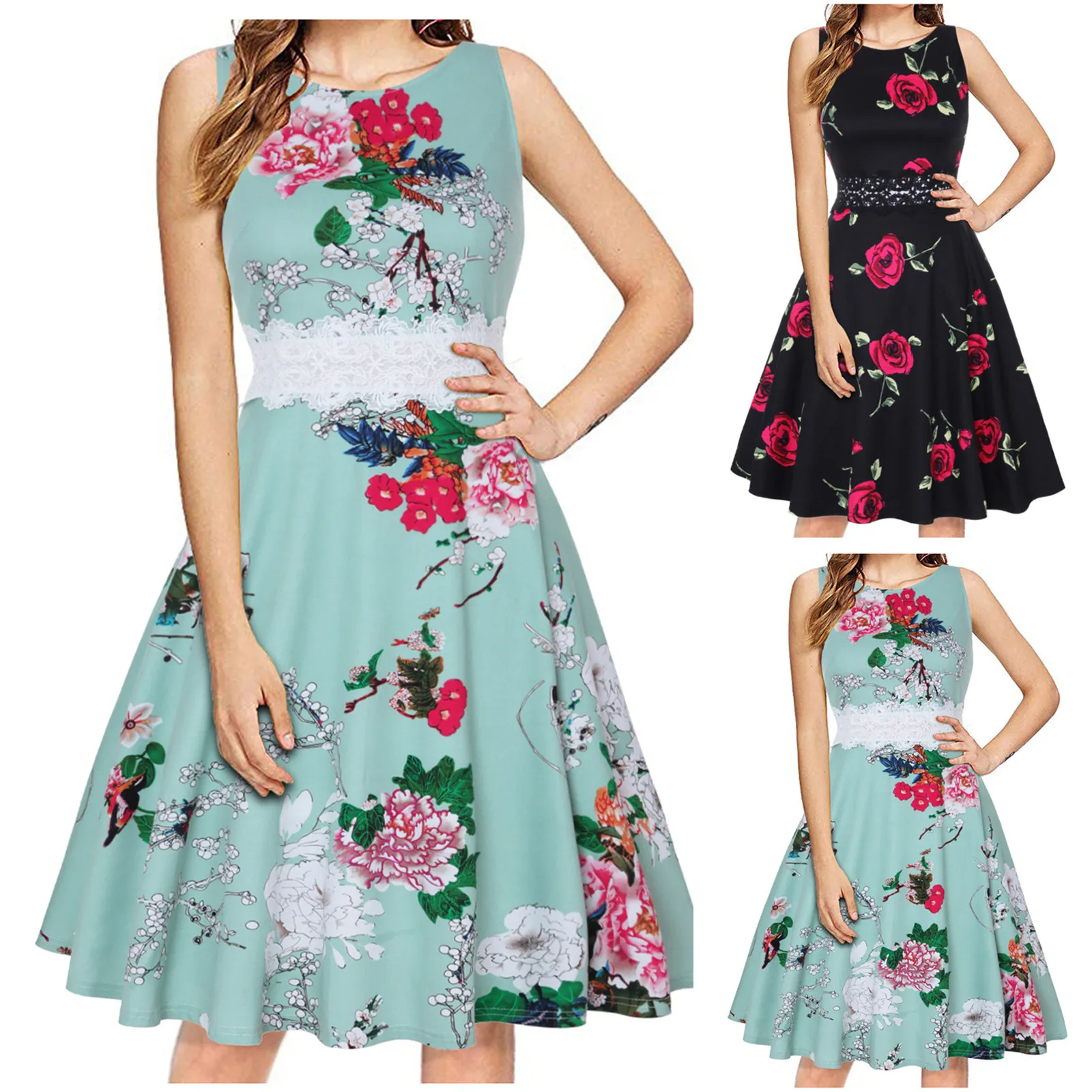 

Women's Fashion Printing Lace Tank Top Dress Sleeveless O-Neck Casual Dress vestido de mujer summer dress платья для женщин