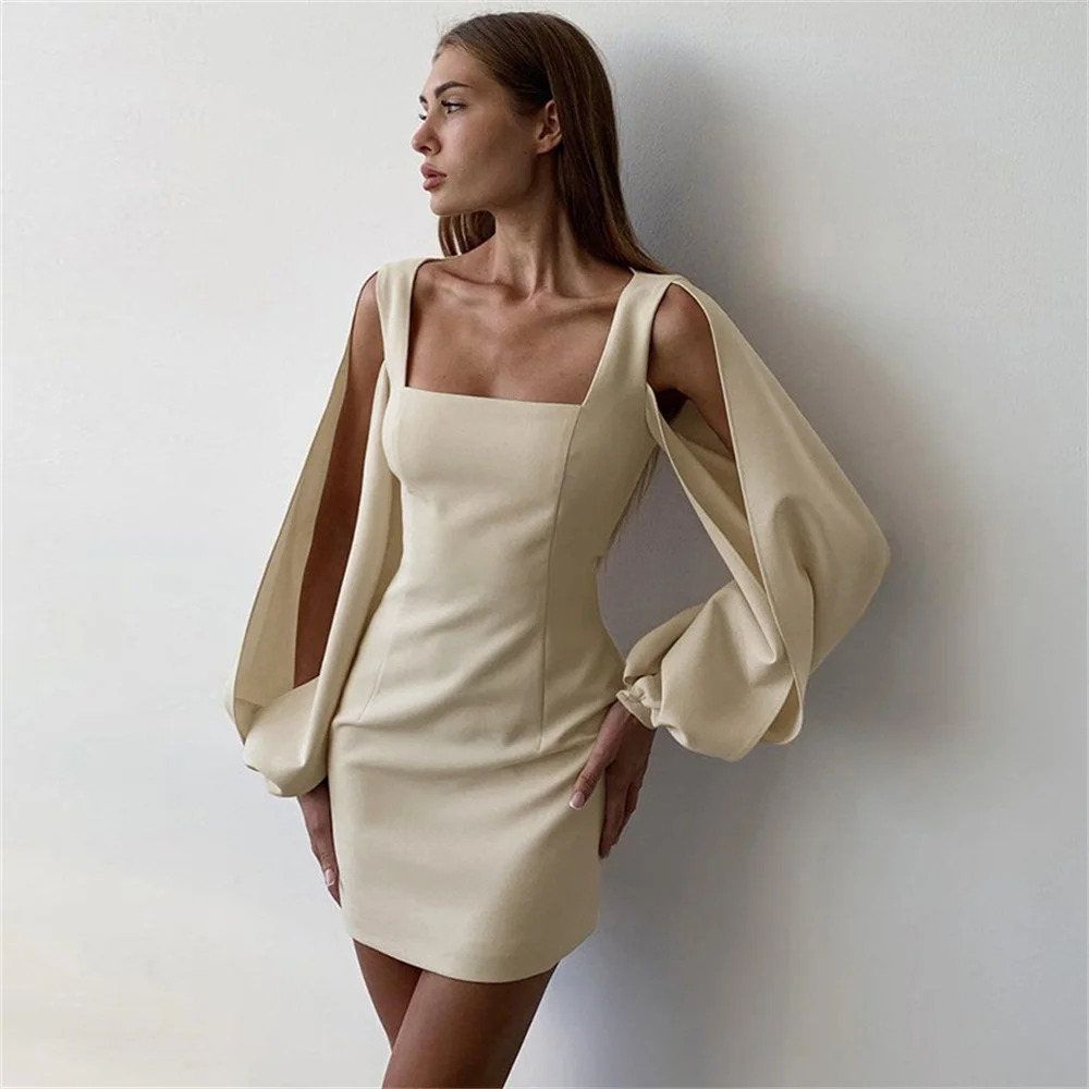 

2022 Long Puff Sleeve Slash Neck Satin Pleated Women Solid Party Elegant Streetwear Outfit Pure Color V Neck Club Party