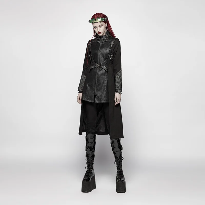 Женское облегающее пальто в стиле панк черное с воинами | Женская одежда