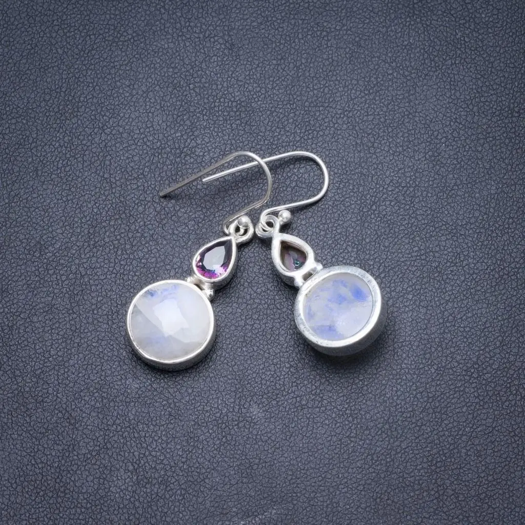 

Natural Rainbow Moonstone and Mystical Topaz Handmade Unique 925 Sterling Silver Earrings 1 1/2" Y2181