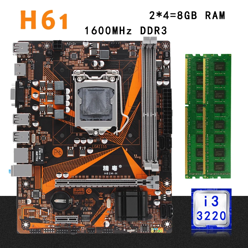 

H61 desktop motherboard set kit LGA 1155 H61M-H with Intel I3 3220 LGA1155 processor 8G(2*4G) DDR3 RAM memory Mico-ATX pci-e3.0