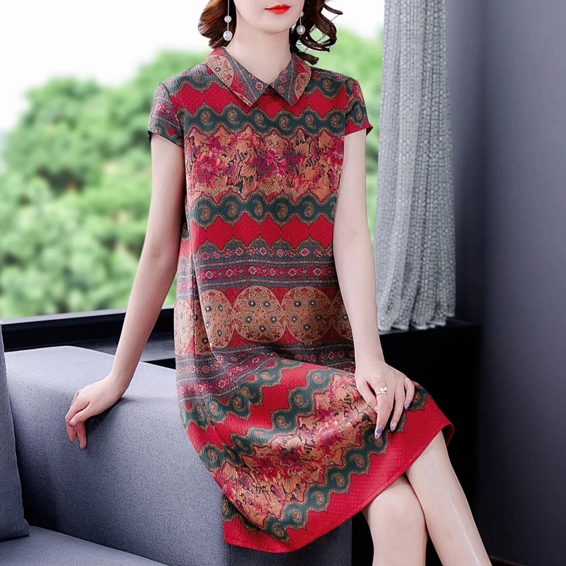 

2021 Vintage Loose Floral Silk Satin Dresses Summer Casual L-4XL Plus Size Short Sleeve Midi Dress Elegant high quality Vestidos