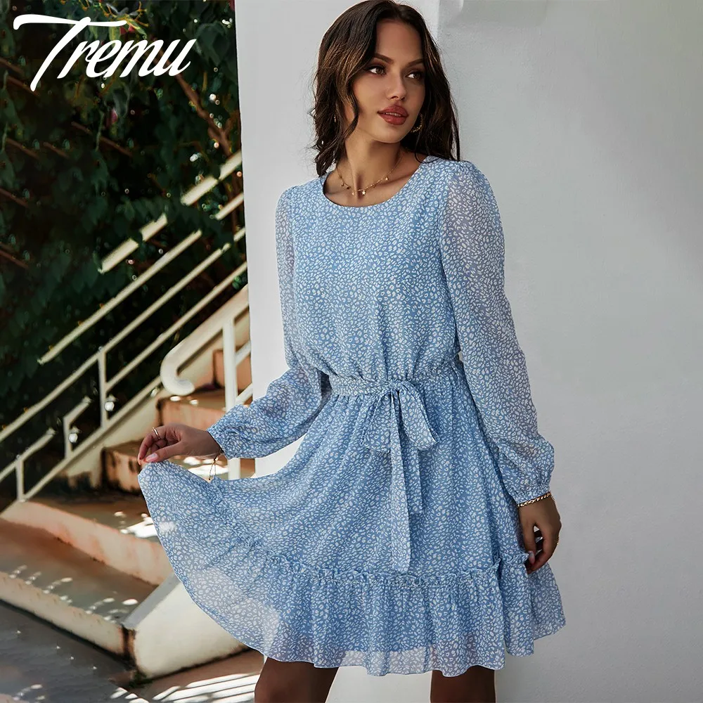 

TREMU O-Neck Chiffon Sundress Woman 2021 Summer Full Sleeve Leopard Casual Mini A-Line Dresses vestidos mujer verano 2021