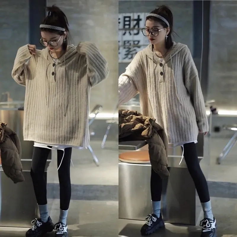 

Women's Sweater Autumn Winter New Korean Style Loose Large Size 2-Button Drawstring Hooded Knitted Tops Spring Vintage Pullover