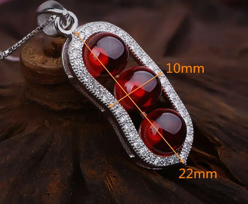 

Pure Silver Brand New Sterling 925 Silver CZ Necklace Red Garnet Peace Beans Pendant Necklace Wholesale With Chain Jewelry