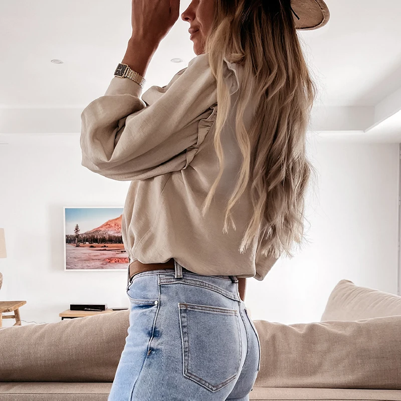 

Office 2021 Summer Women Blouse V Neck Three Quarter Lantern Sleeve Single Breasted Solid Color Blouse Casual Female Tops Blusa