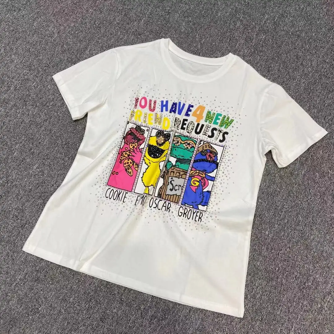 

2021 Loose Round Neck White Short Sleeve Print Pullover Short Sleeve Top 2092 European Heavy Industry Embroidery Drill T-shirt