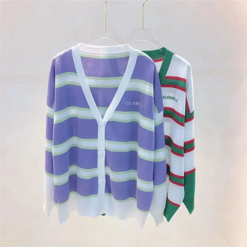 

Women's summer thin striped ice silk sunscreen medium length loose long sleeve knitted cardigan