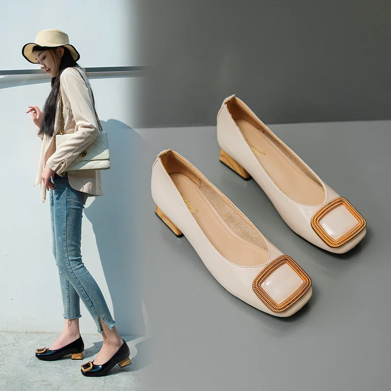 

2021 new spring thick heel single shoes apartment loafers commuter Korean version of wild fashion square head boat shoes 43 size