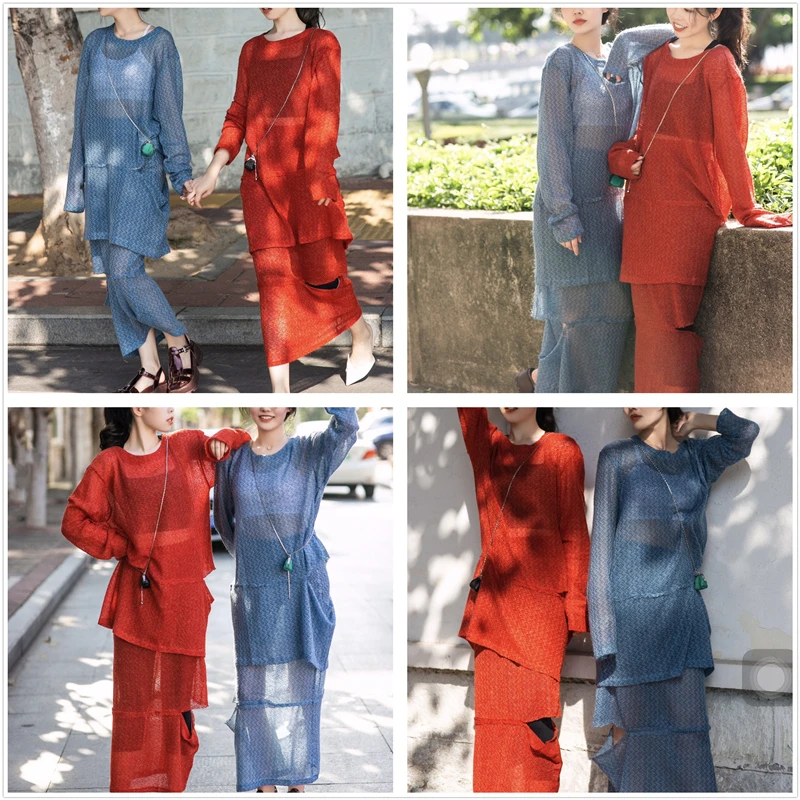 

Fashion Streetwear Style Autumn Loose Two Piece Set Women Chic Mesh Hole Hollow Out Thin Knitted Skirt And Top Set Clothes SL370