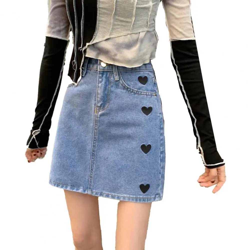 

Summer 2021 Women Denim Skirt Fashion Heart Embroidery Heart Embroidery Vintage A Line Mini Skirt платье