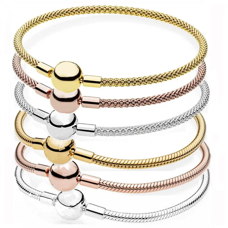 

Rose Gold & Silver Smooth Ball Clasp Mesh Snake Chain 925 Sterling Silver Bracelet Bangle Fit Fashion Bead Charm DIY Jewelry