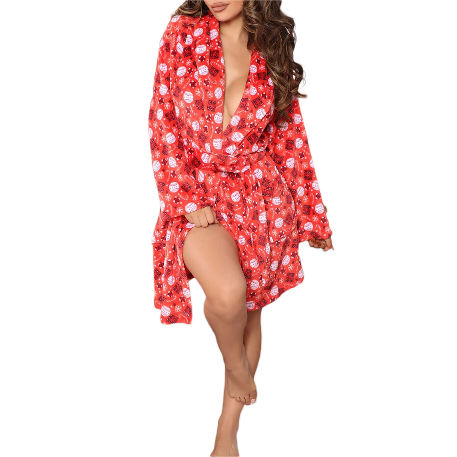 

Women Christmas Printed Pattern Nightgowns, Long Sleeve Fleece Plush Fashion Robe