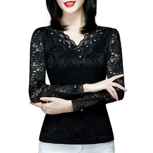 Женские весенне-осенние стильные кружевные женские блузки рубашки с длинным рукавом и V-образным вырезом, Кружевные блузы DF8000
