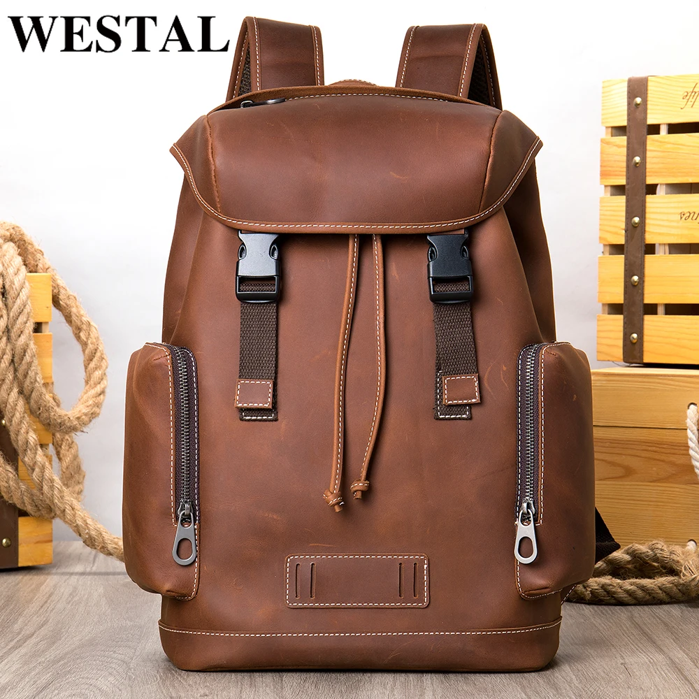 WESTAL Men's Backpack Crazy Horse Leather Fit 14inch Loptap Bag Men Backpack For Men School Bag Leather Men's Travel Bags Coffee