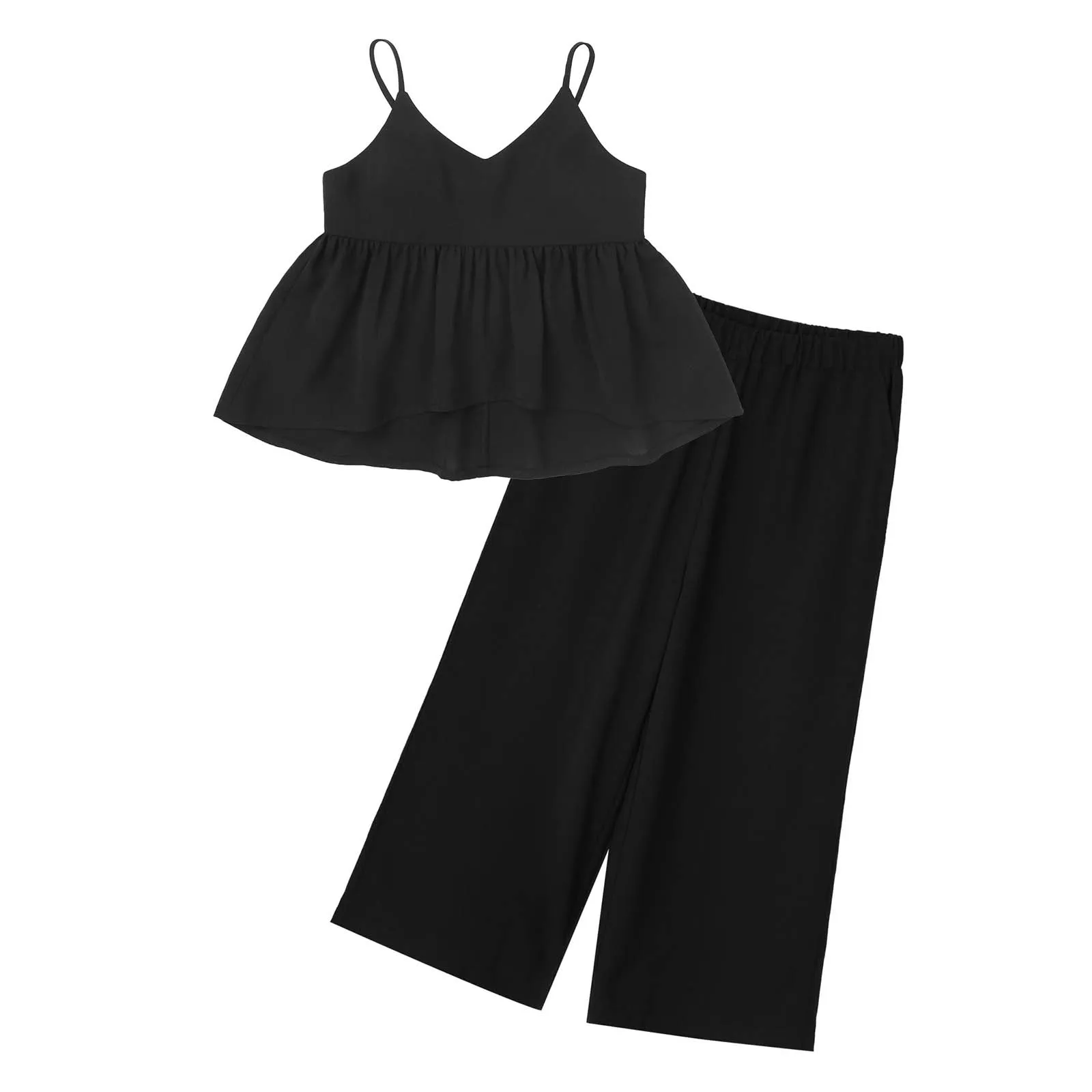 

Teenage Girls Summer Clothing Sets Sleeveless Camisole Vest Top + High Waist Wide Leg Pants 2Pcs Kids Clothes Casual Beach Wear