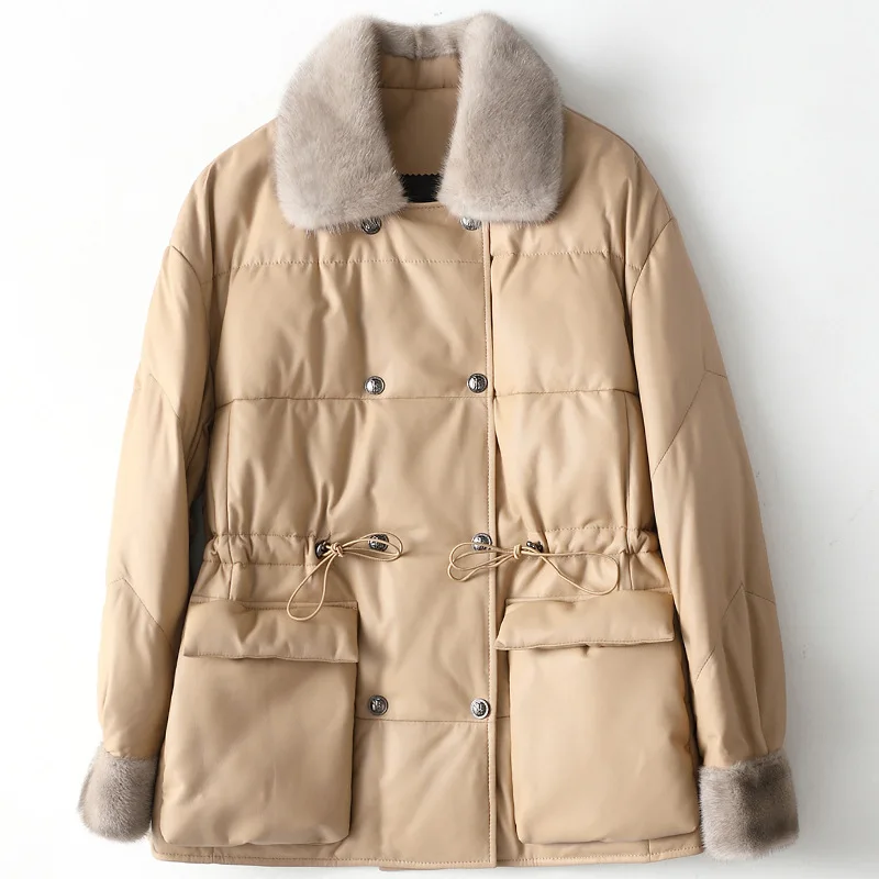 

Temperament Medium Long Leather Down Women's 2021 Winter Mink Wool Collar Sheepskin Coat Simple Warm Thick Black Classic Jacket