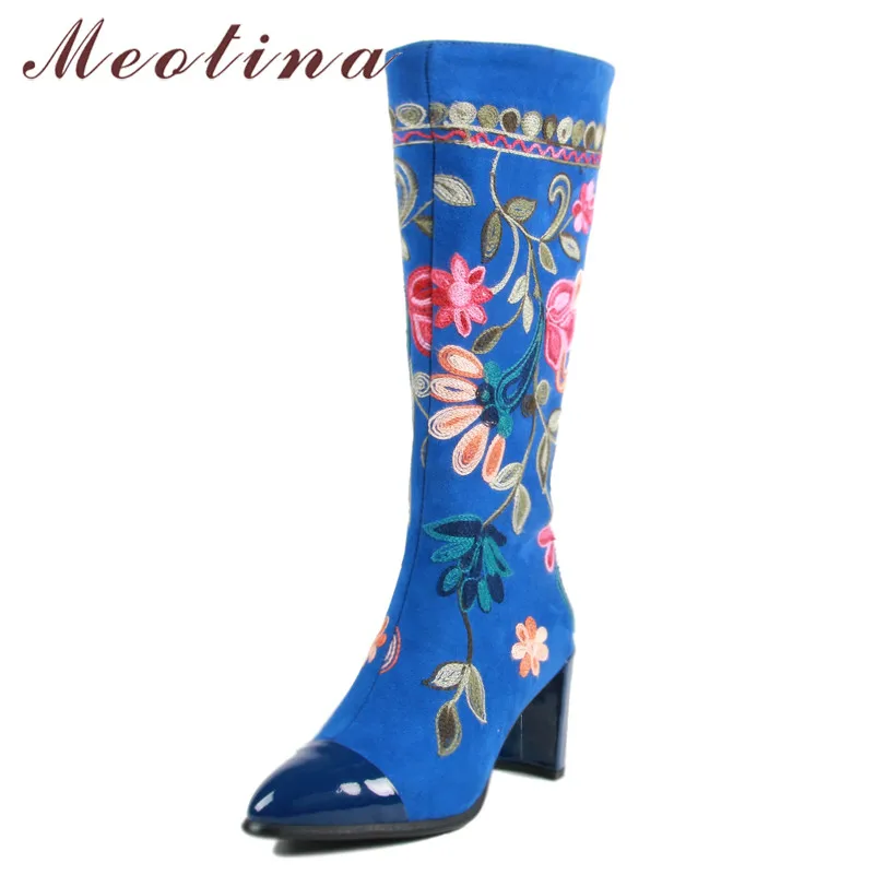 

Meotina Winter Knee High Boots Women Natural Genuine Leather Block High Heel Long Boots Embroider Flower Zipper Shoes Ladies Red