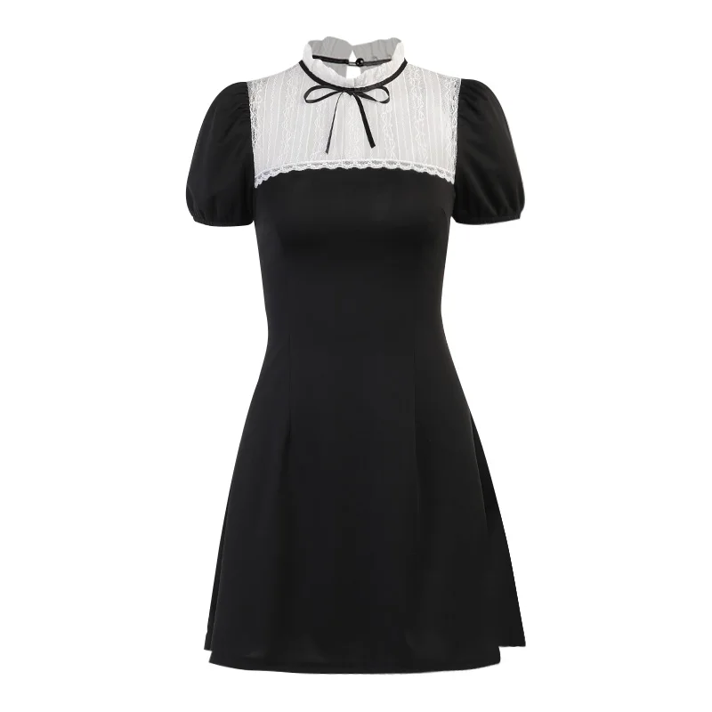 

InsGoth Academia Black Mini Skirts Goth Vintage Bow Puff Sleeve High Waist Dress Aesthetic A Line Patchwork Women Party Dresses