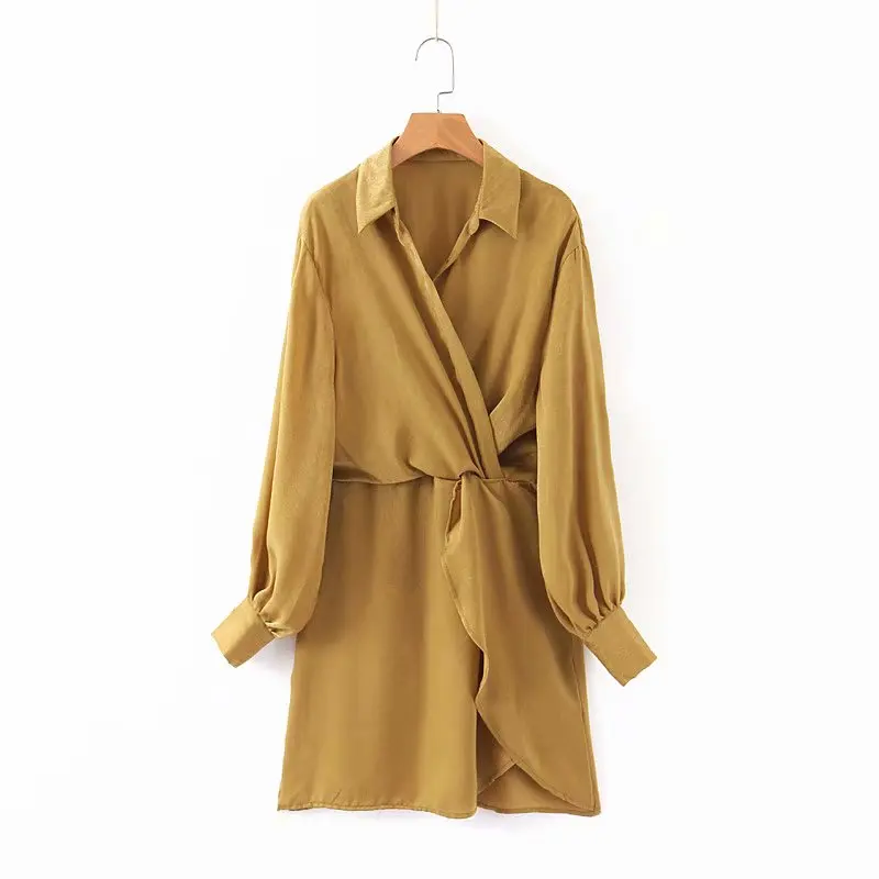 Элегантное женское однотонное платье с отложным воротником длинным рукавом и