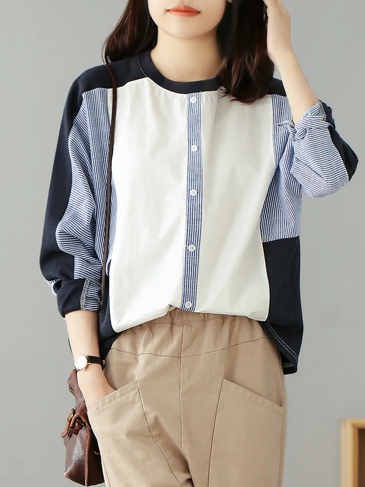 

top quality cotton women shirts 2020 summer vintage striped patchwork loose casual all match office lady shirts outwear tops