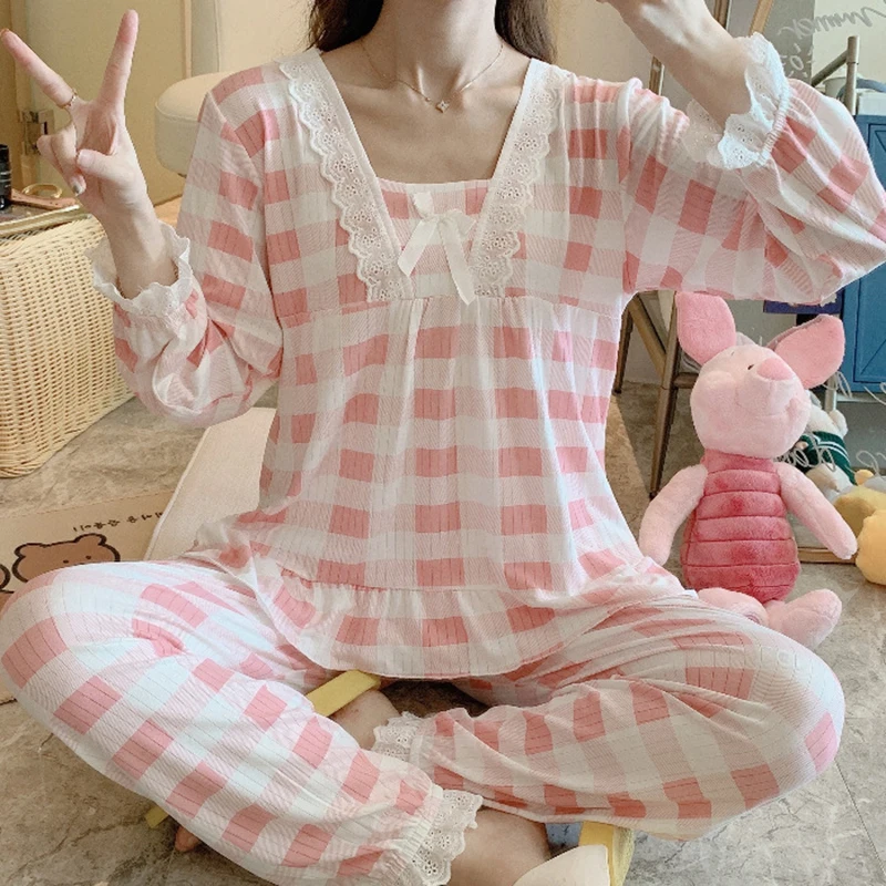 

2020 New Plaid Pajamas Set Women Sweet Princess Cute Cotton Pyjamas Sexy Lace Full Sleeve Autumn 2Piece/Set Home Mom Sleepwear