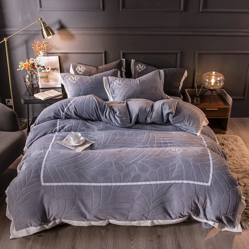 

Hot Falai Velvet Milk Velvet Bedding Set Autumn and Winter Thick Towel Sheet And Embroidered Quilt Cover Warmth Smooth And Soft
