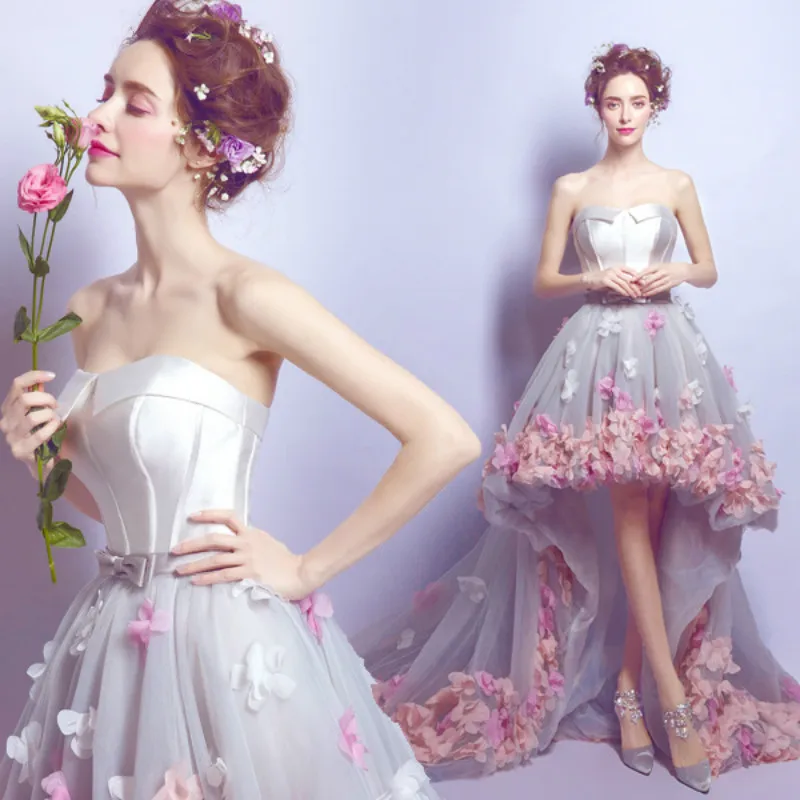 

2021 Flowers Prom Dresses Short Front Long Back Evening Gown Gray Formal Gown for Graduation genshin impact кольцо женское