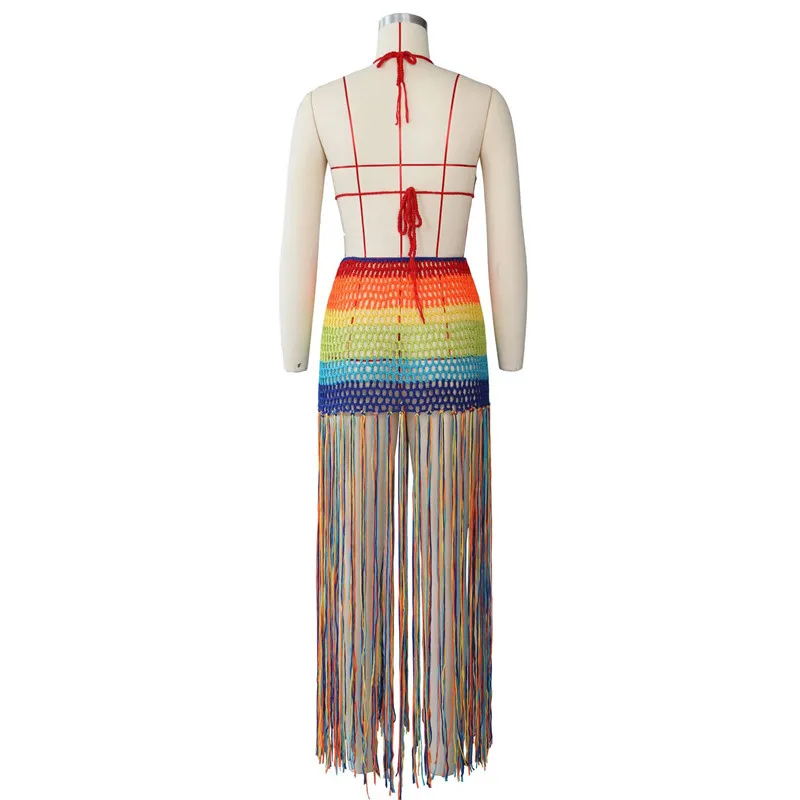 Женское пляжное платье бикини с кисточками Пляжное Платье радужной расцветкой