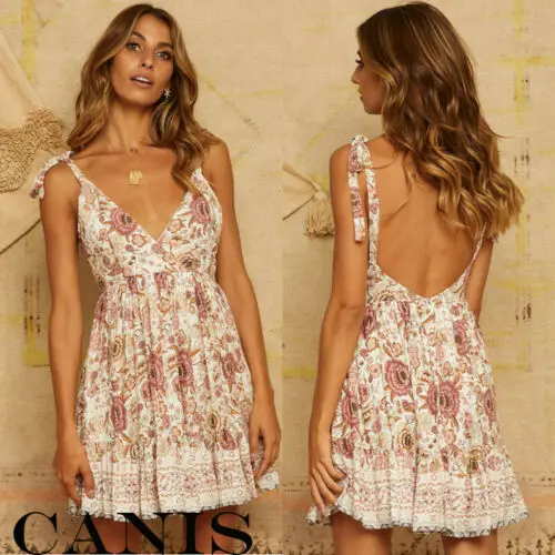 Boho шифоновое мини платье женское Ретро Цветочный Принт без рукавов летние