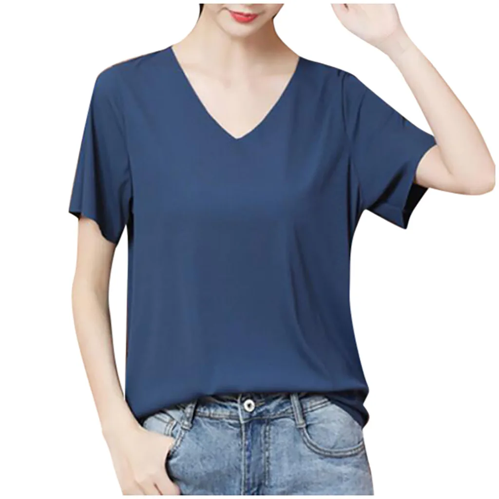 Футболка женская однотонная с V-образным вырезом и коротким рукавом | Женская