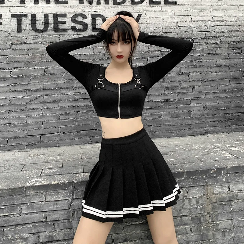 

2021 Summer Women Dark Gothic Black Preppy Style Skirts Women School Girl Punk A-line Mini Skirt Pleated Skirt High Waist Skirts