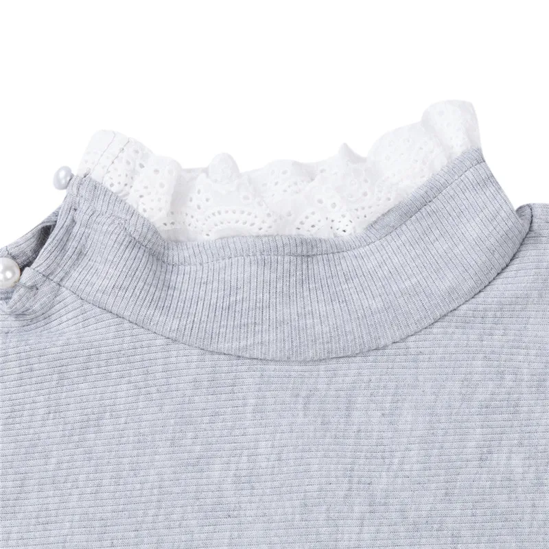 Модный женский кружевной свитер с вырезами и высоким воротником топы жемчугом